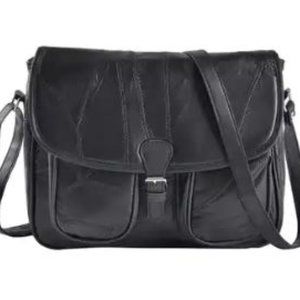 NWT-Black Patch Work Sheep Leather Crossbody Bag with Faux Leather Trim
